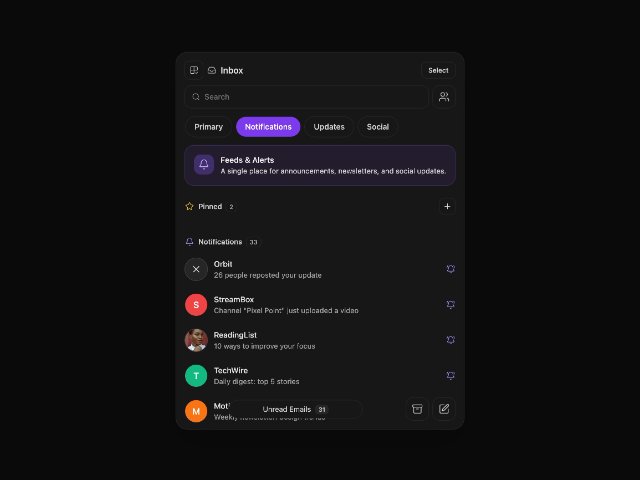 Inbox Notification Panel with Search & Filters