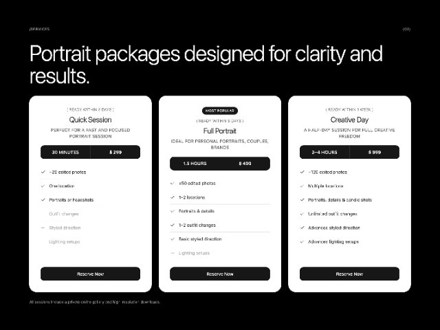 Portrait Photography Pricing Grid
