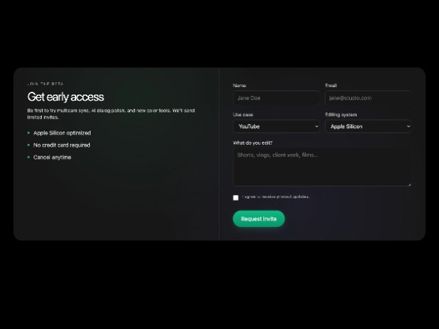 Beta Access Signup Form Section with Feature List
