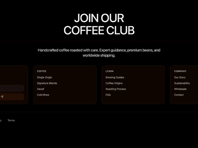 Tailwind Coffee Footer with Newsletter and Social Icons