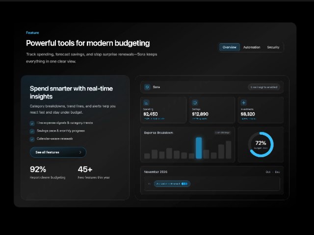 Feature Showcase Section with Tabs & Stats