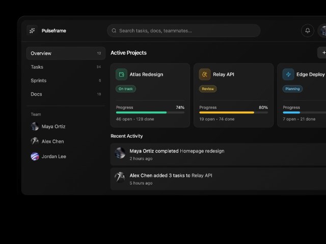 Project Dashboard Card with Sidebar and Activity Feed