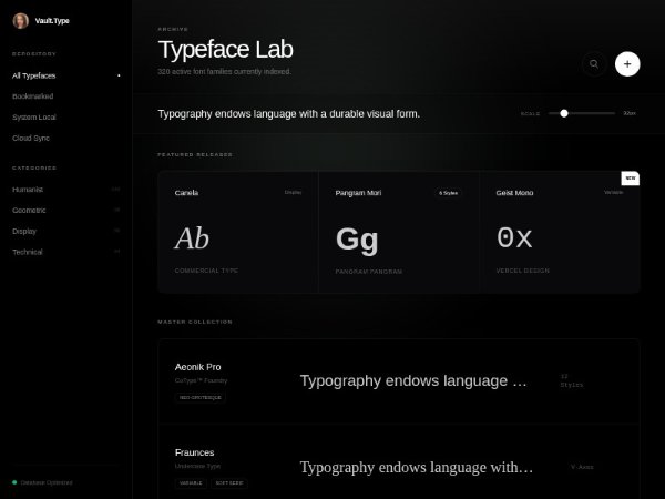 Typeface Lab Dashboard with Sidebar and Tester