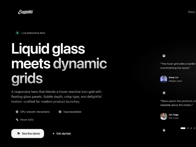 Liquid Glass Hero with Interactive Testimonial Stack