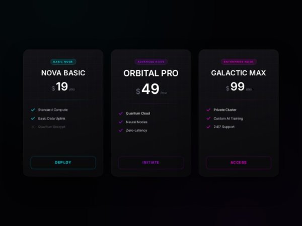 Neon 3D Pricing Cards with Tilt Interaction