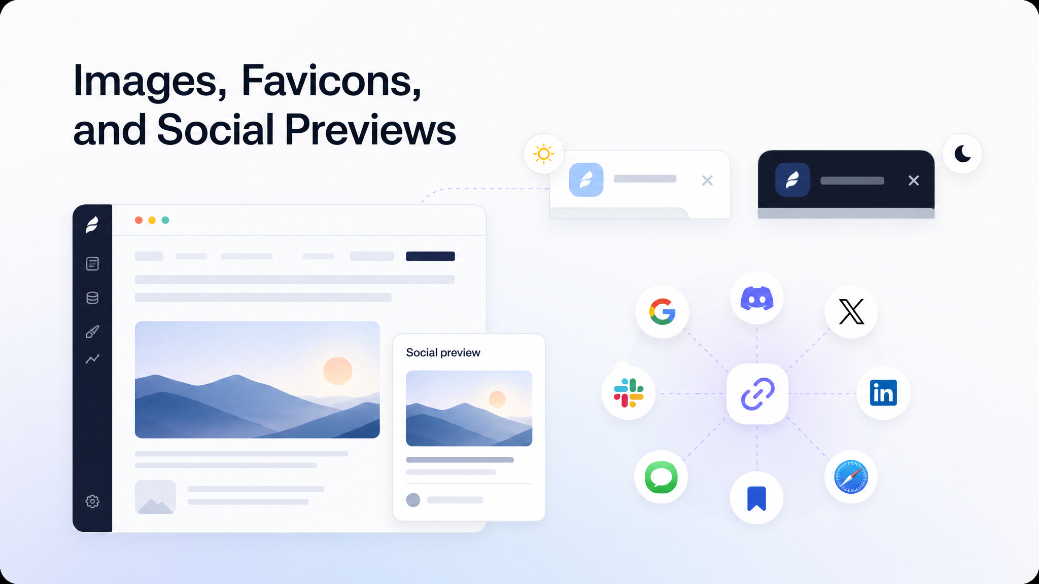 Preview image system with favicon, social card, alt text, and image near relevant text