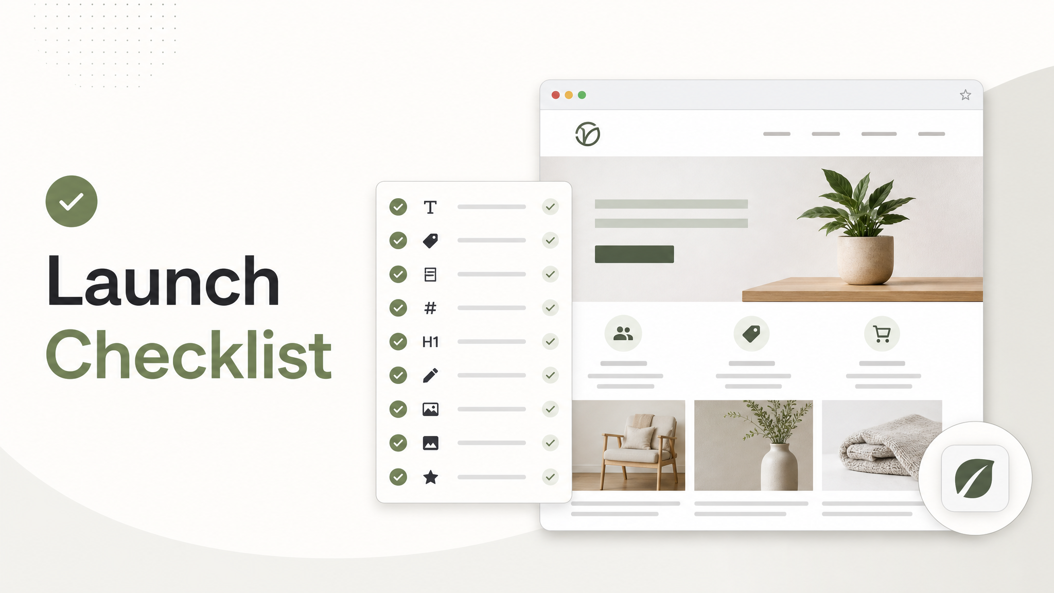 Launch checklist with Aura SEO fields, domain, sitemap, Search Console, and measurement