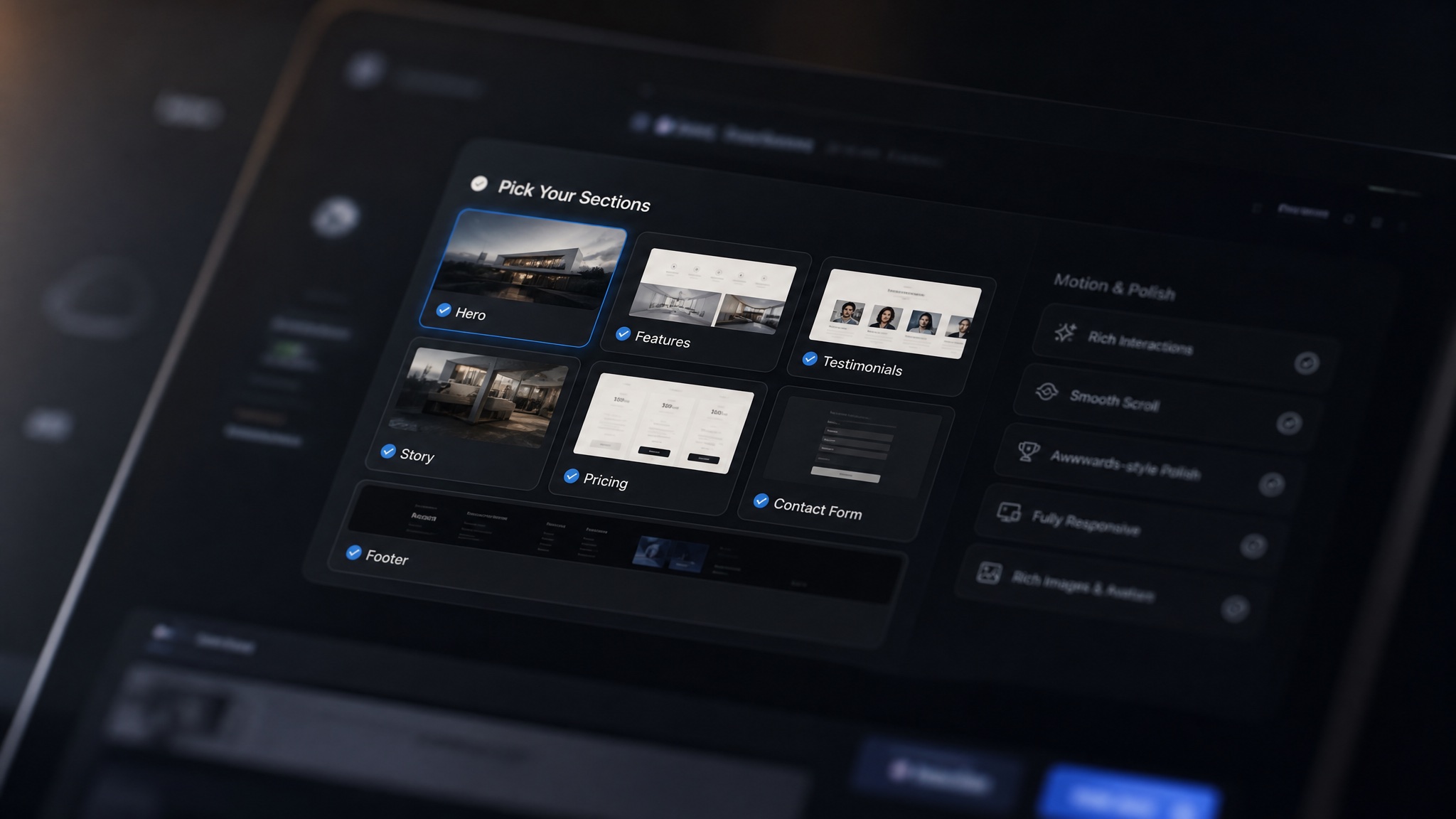 Aura controls for choosing sections, interactions, smooth scroll, polish, and rich images Aura controls for choosing sections, interactions, smooth scroll, polish, and rich images