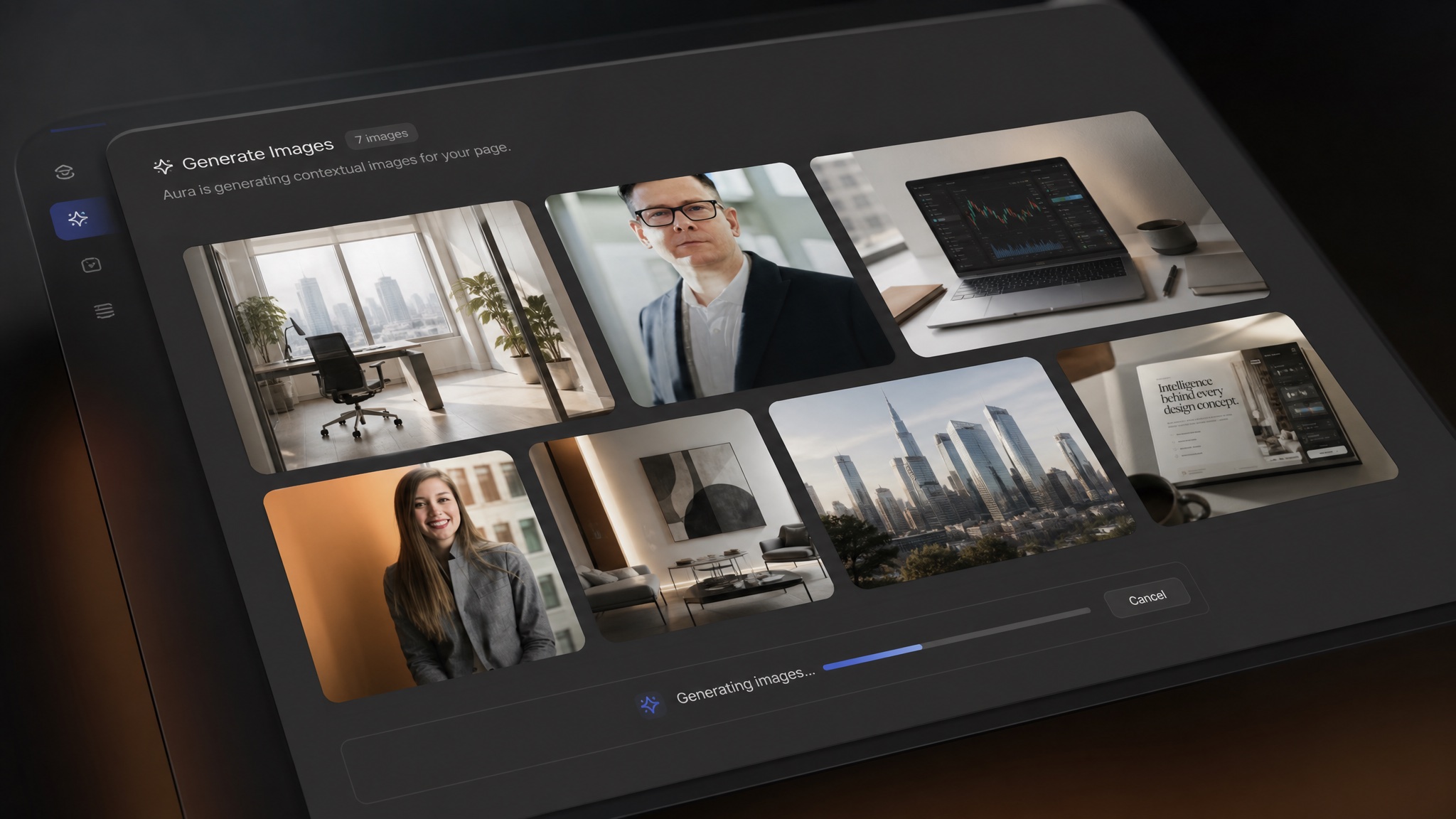 Aura image generation previews appearing across multiple landing page templates