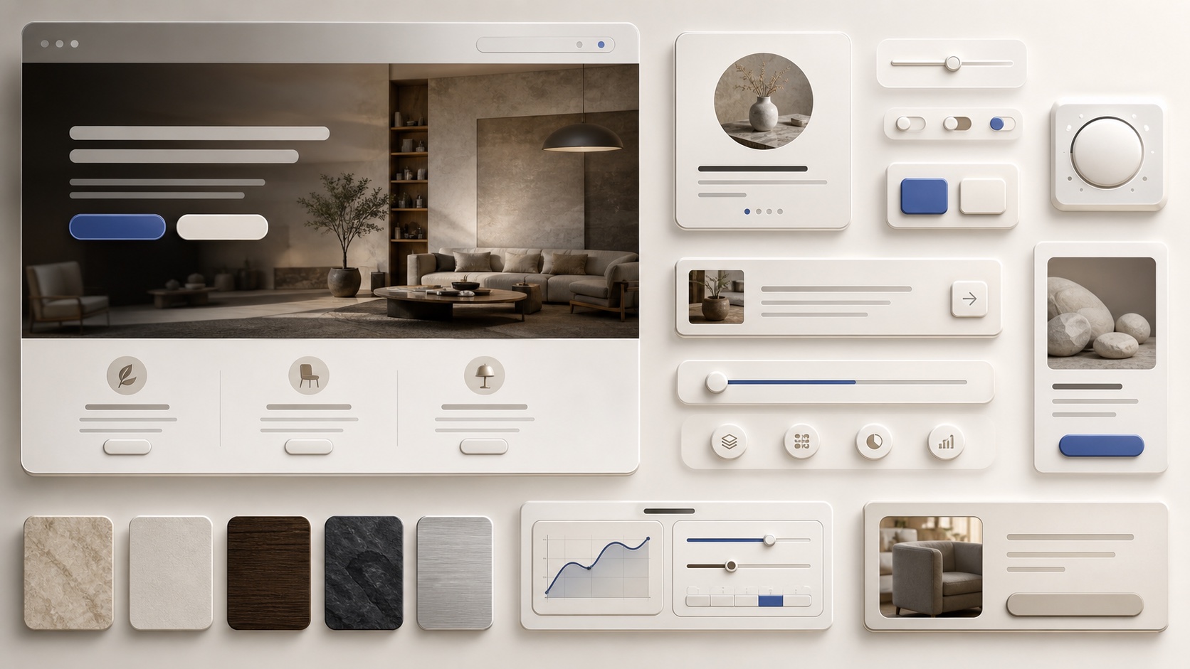 Tactile skeuomorphic UI direction with raised buttons, soft shadows, and material depth