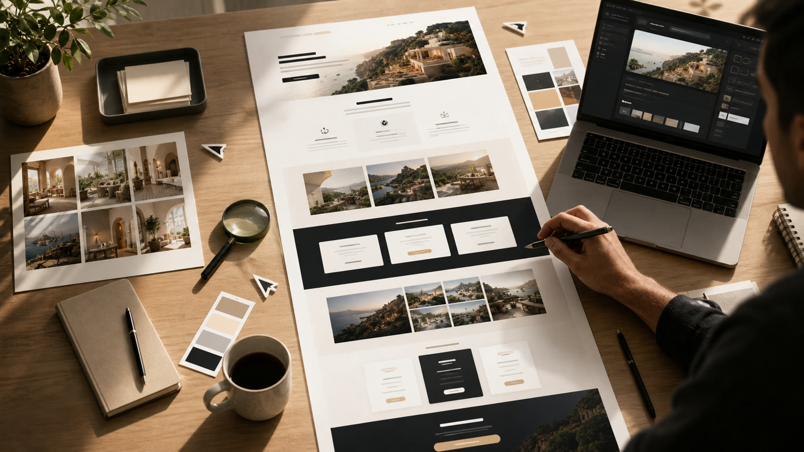 Full landing page storyboard being reviewed section by section for spacing, image replacement, card depth, and responsive polish