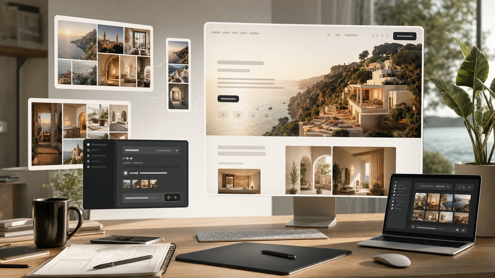 Reference-driven AI landing page comparison using visual boards, a travel website mockup, and AI generation controls