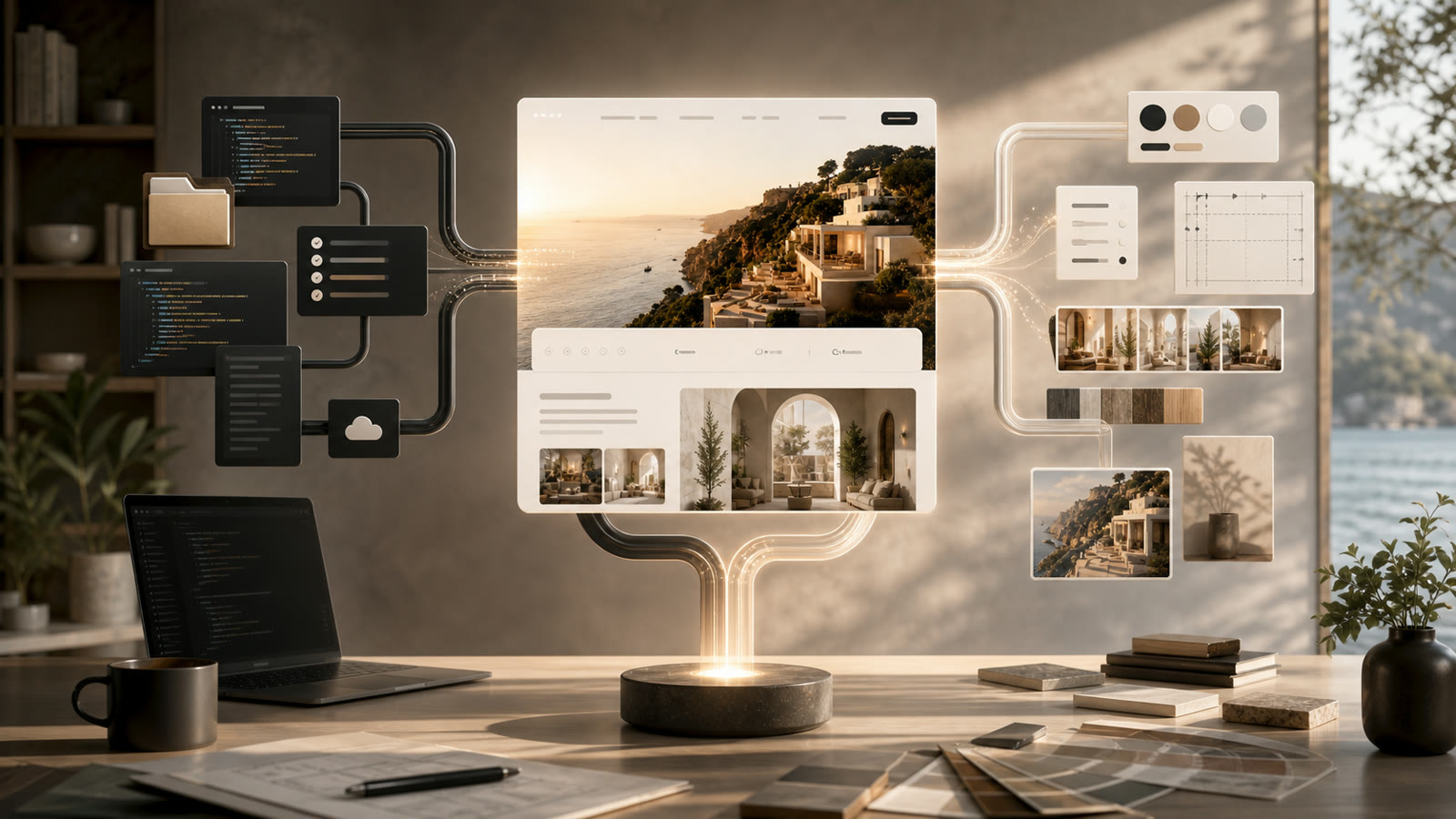Two AI workflow paths merging into one polished landing page preview, balancing project-file control and visual polish
