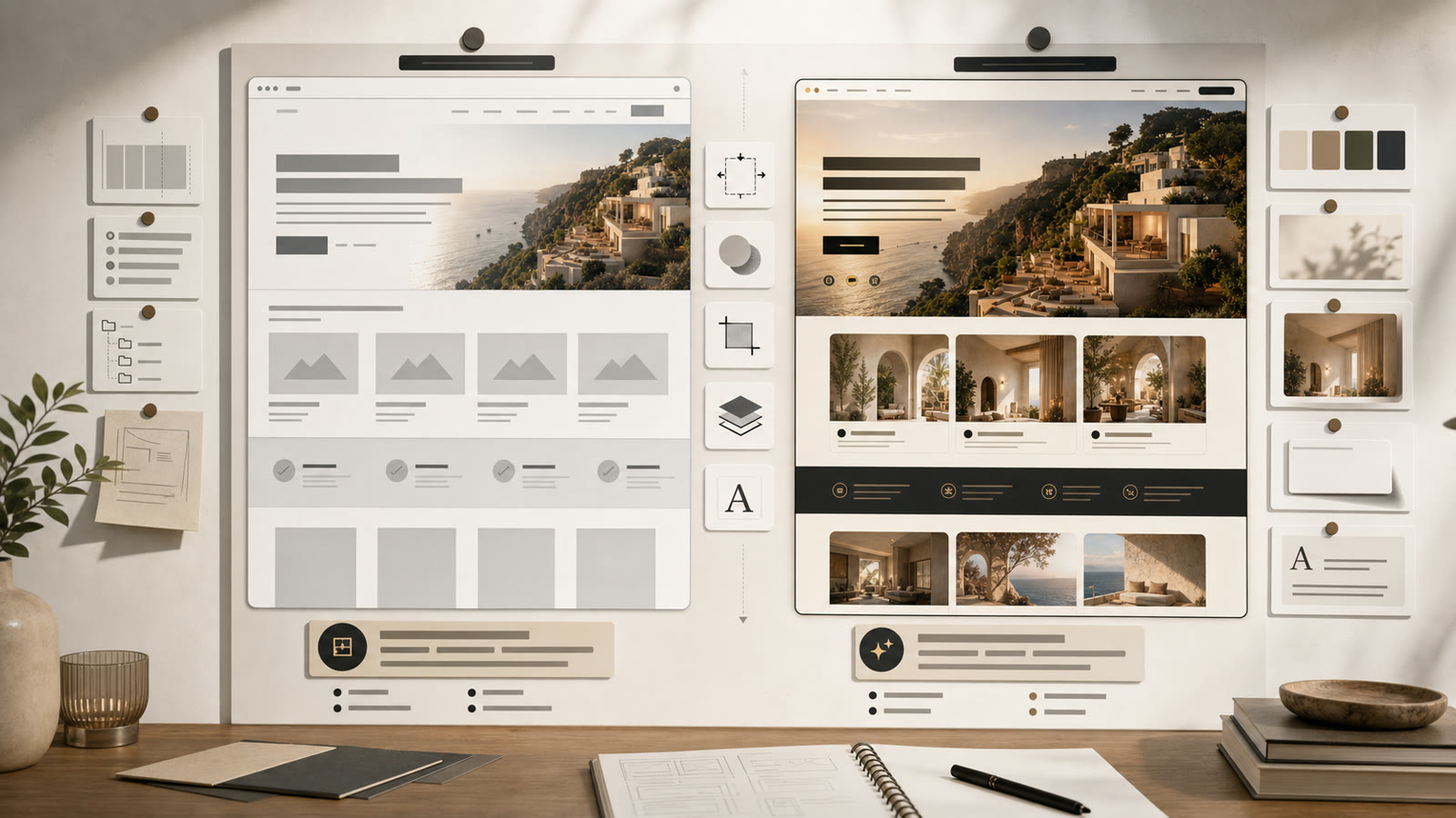 Side-by-side AI landing page review board comparing structural accuracy with premium visual polish