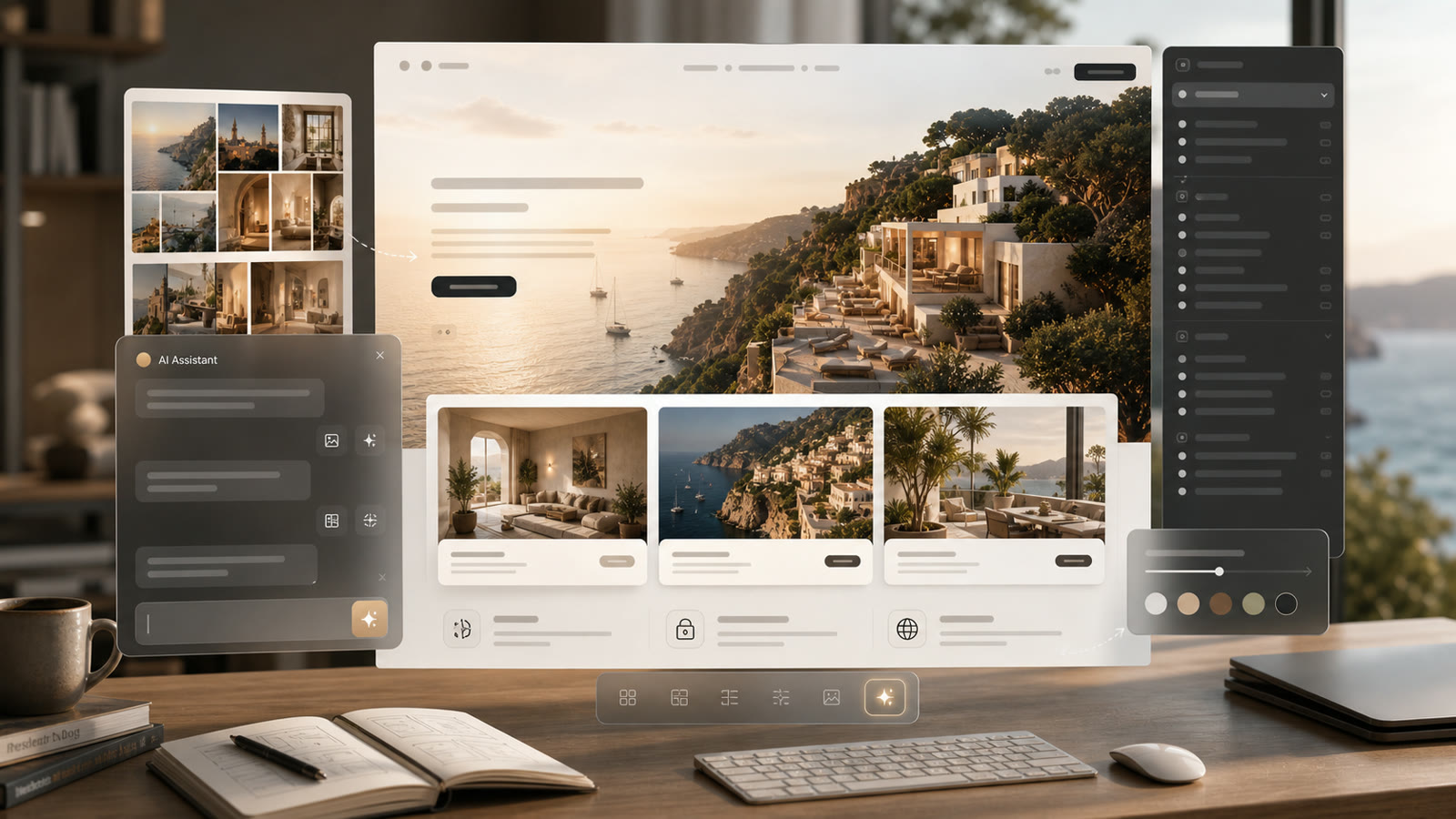 AI assistant iterating on a landing-page hero section with visual references, prompt controls, and a refined travel website canvas