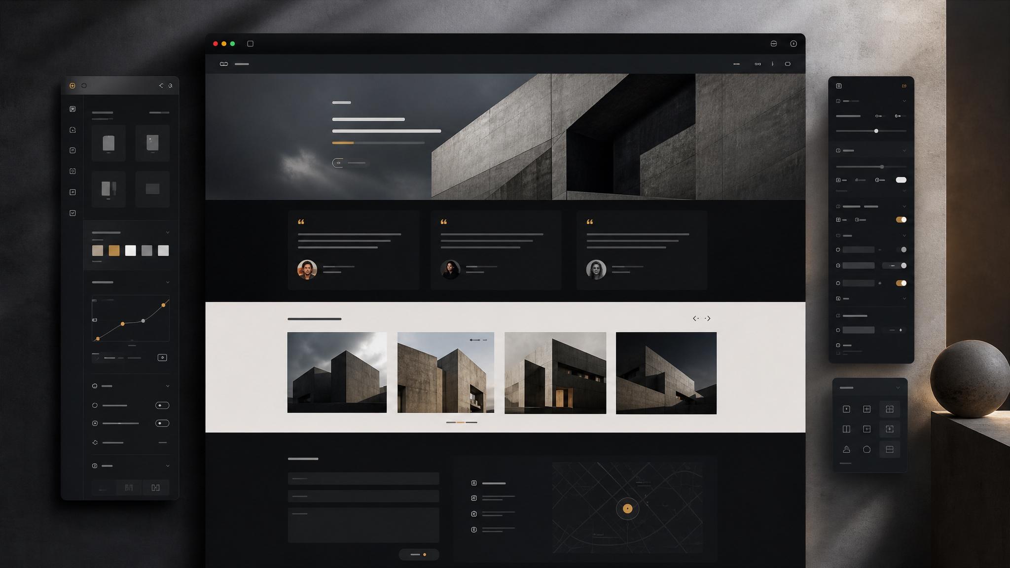 Finished brutalist Aura landing page with testimonial section, generated images, contact area, and connected navigation
