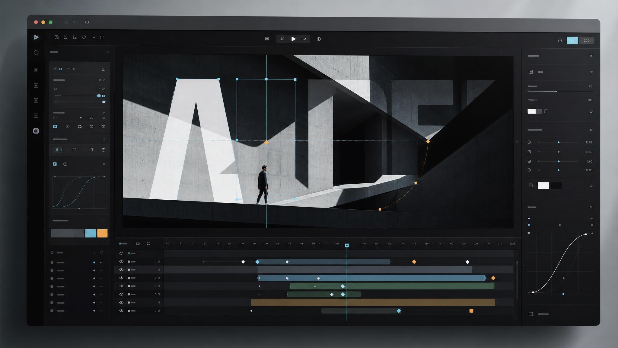 Manual editing moment with animation timeline, hero-title motion, and precise interface adjustments