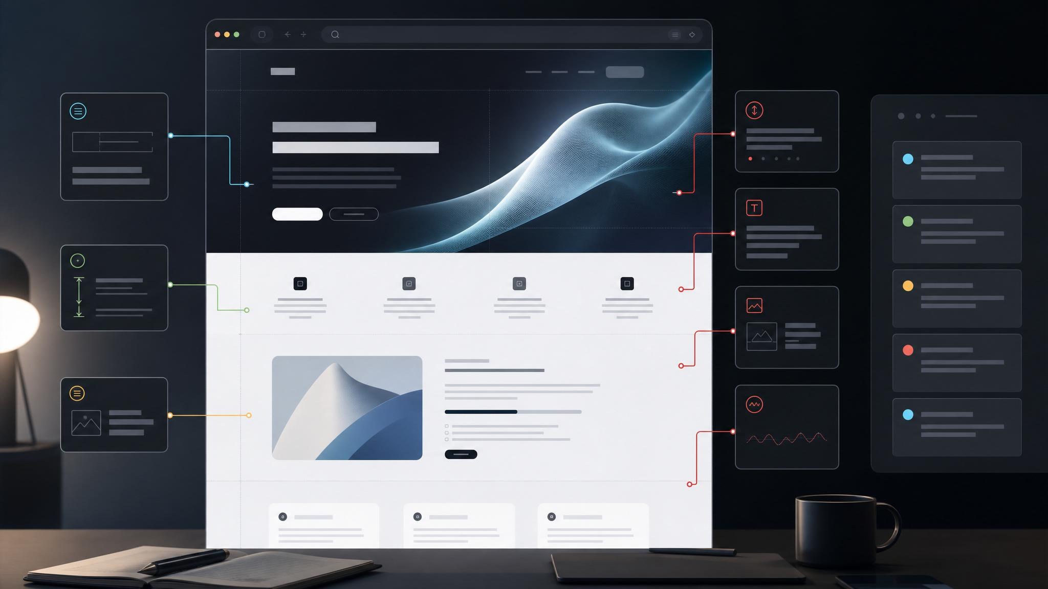 First Aura landing page draft being reviewed with callouts for copy, hierarchy, section gaps, and motion issues