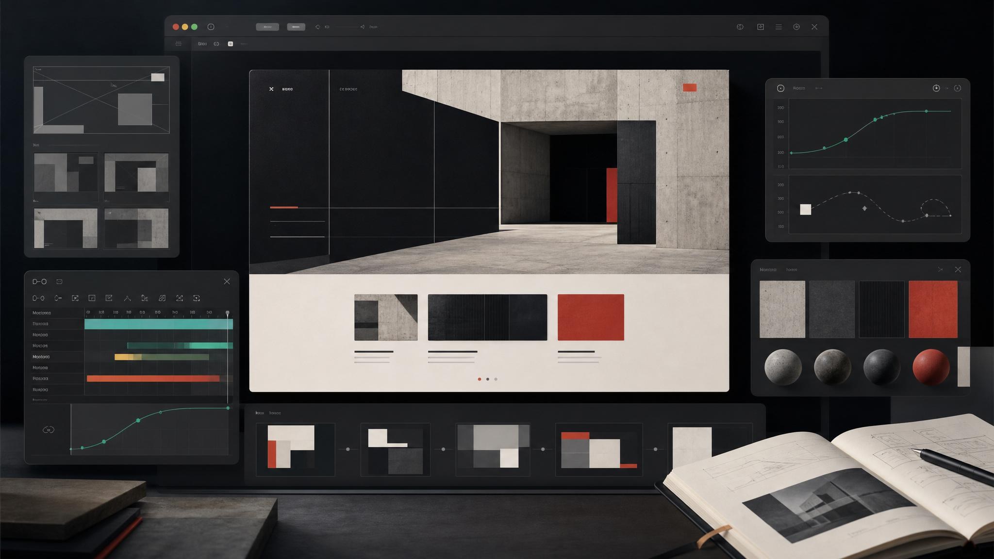 Structured starter prompt with brutalist visual rules, GSAP motion notes, and asset-generation cues
