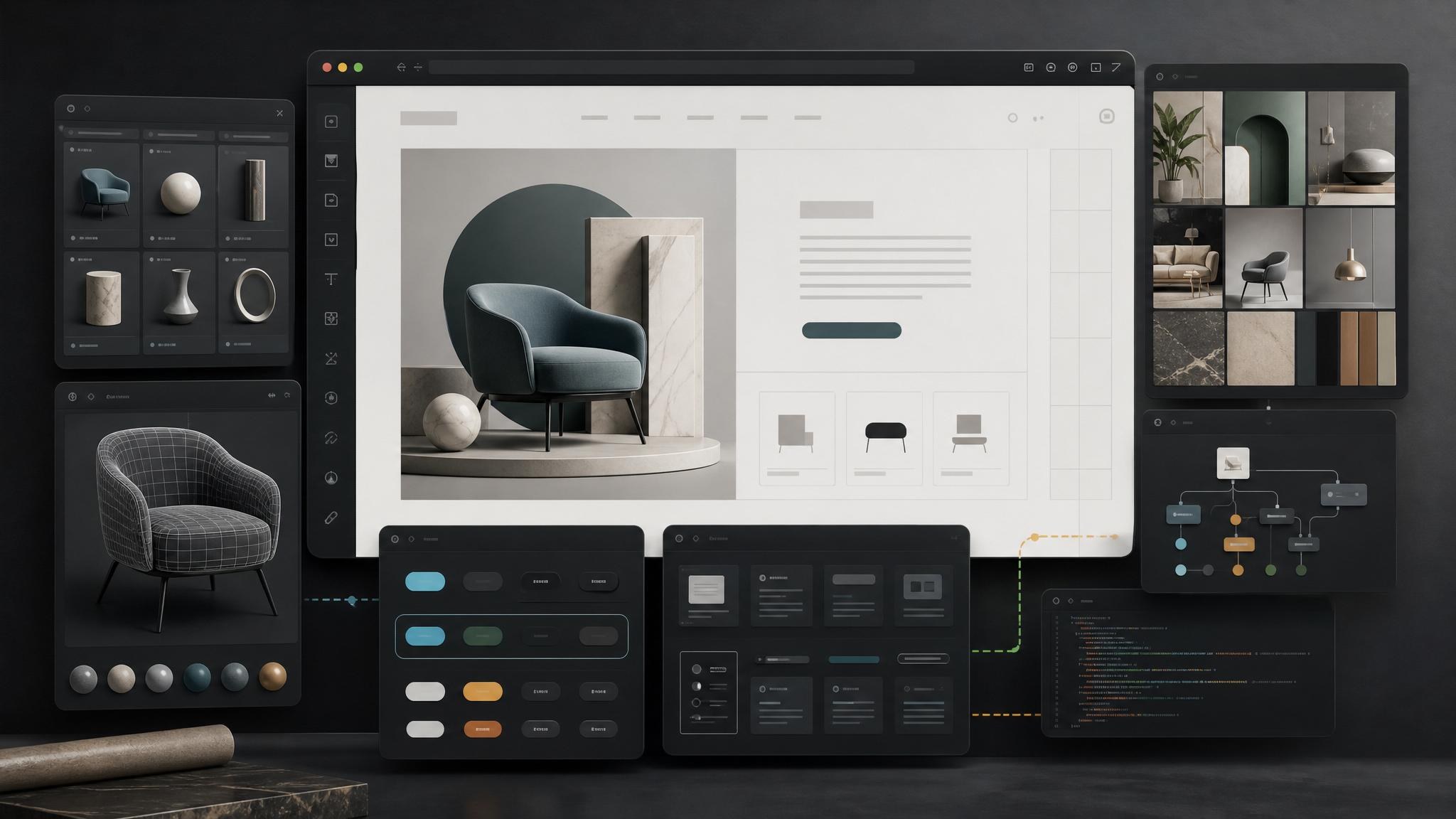 3D asset extraction, design-system rules, and skill attachments feeding into a landing-page prompt