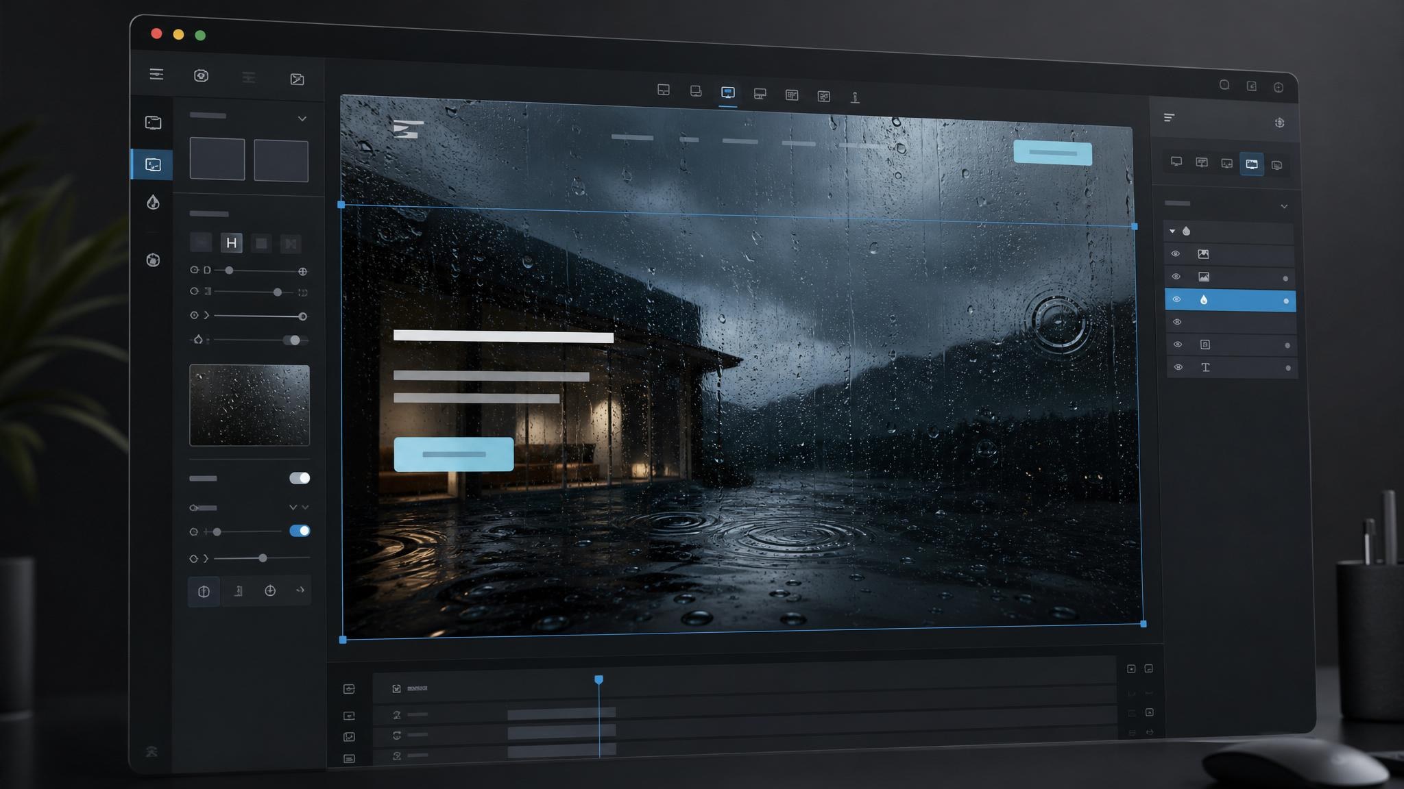 Interactive rain layer with touch ripples, water distortion, and cinematic depth over a dark landing page hero