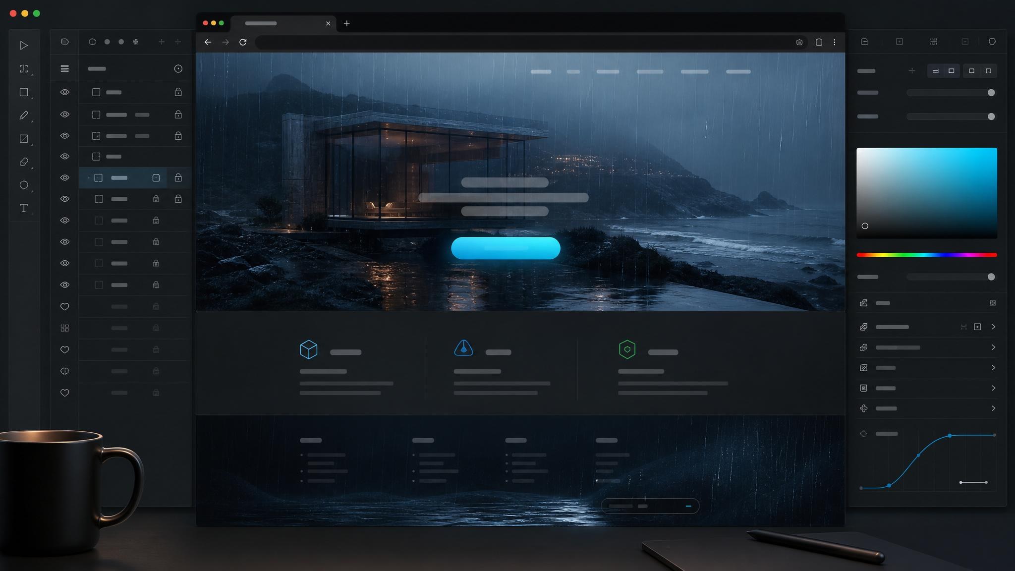 Final Aura landing page moment with rain atmosphere extended into CTA and footer sections