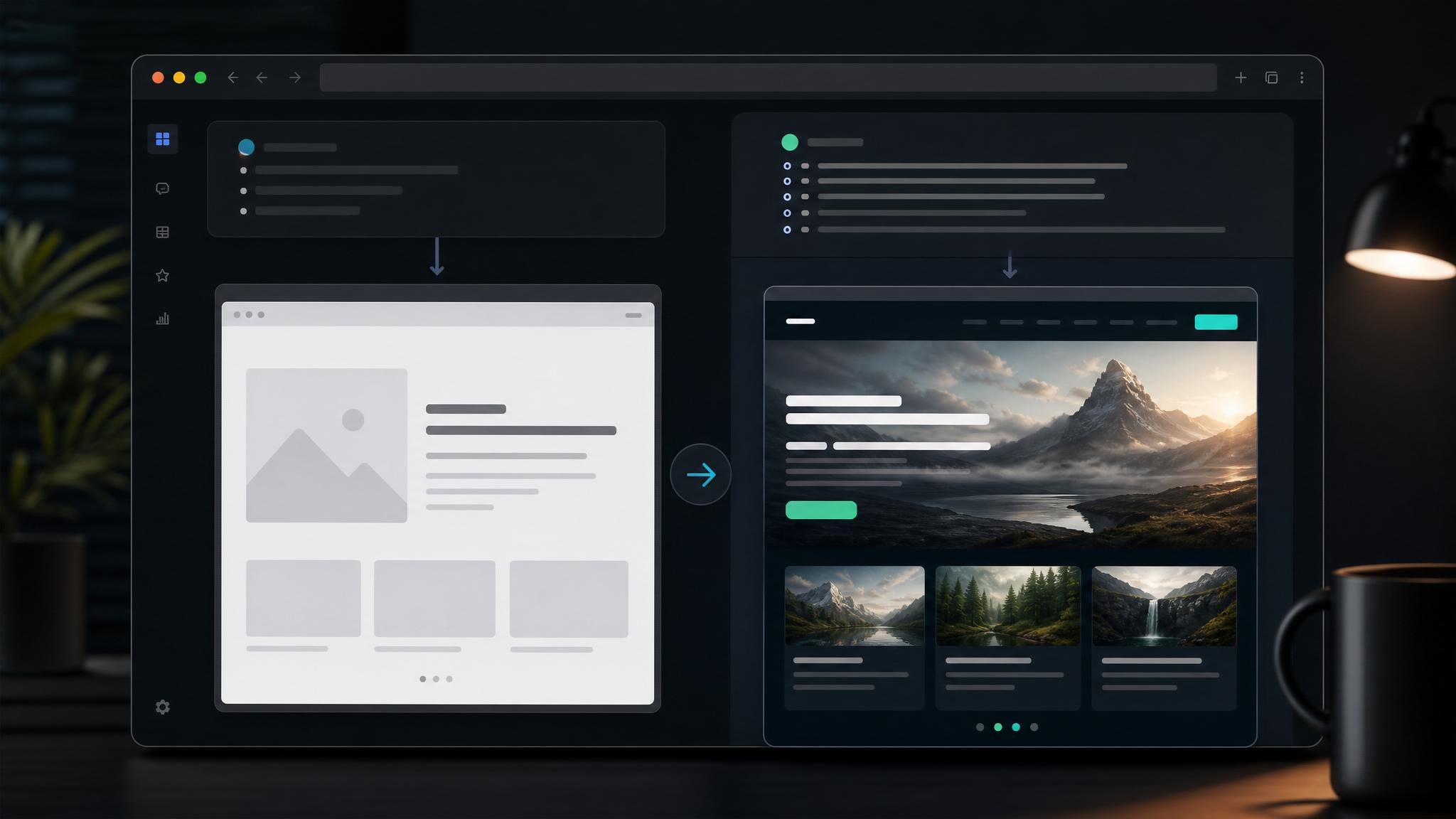 Side-by-side AI prompt comparison showing a plain landing page request versus a detailed cinematic interaction brief