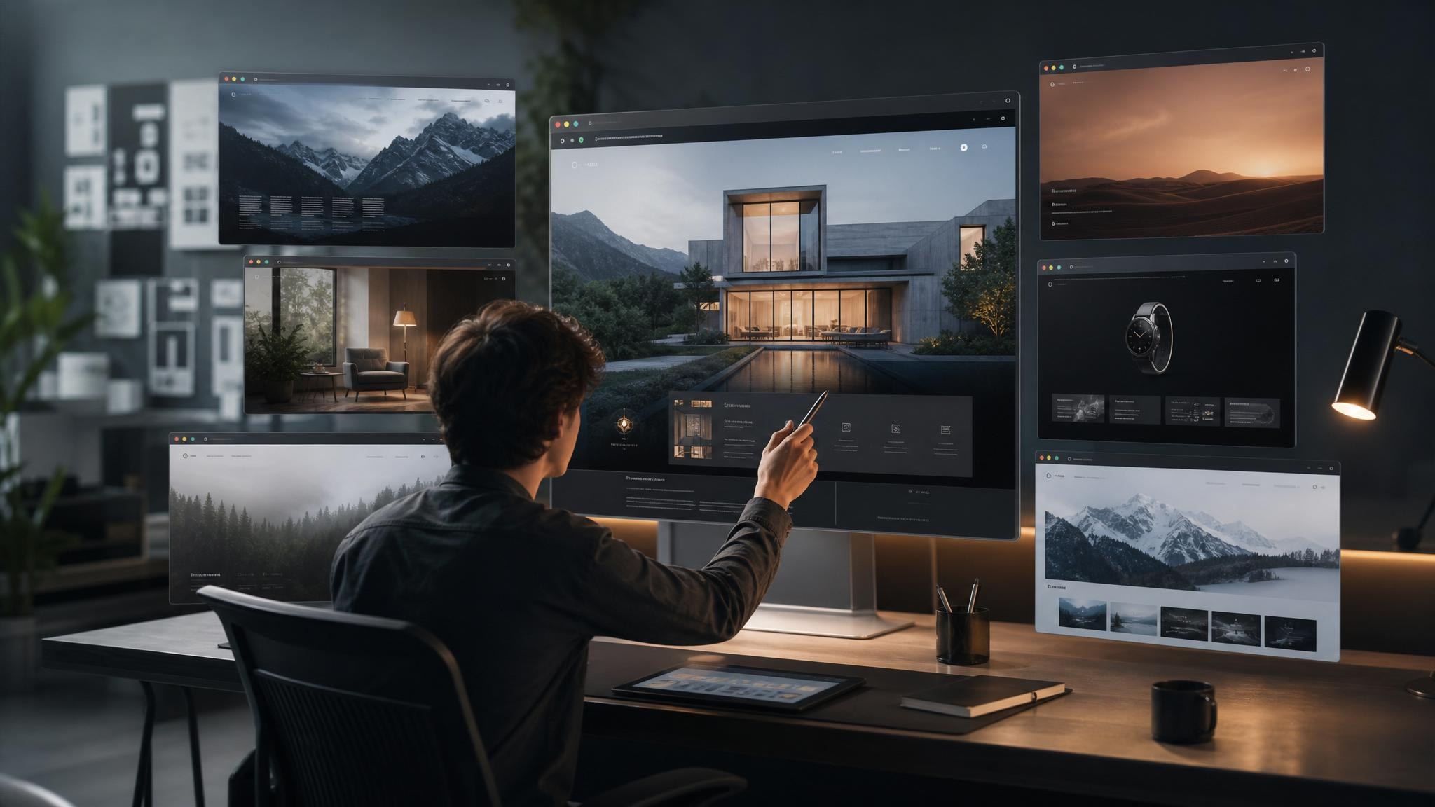 Designer directing final AI website demos with cinematic scroll, 3D depth, and polished landing-page presentation