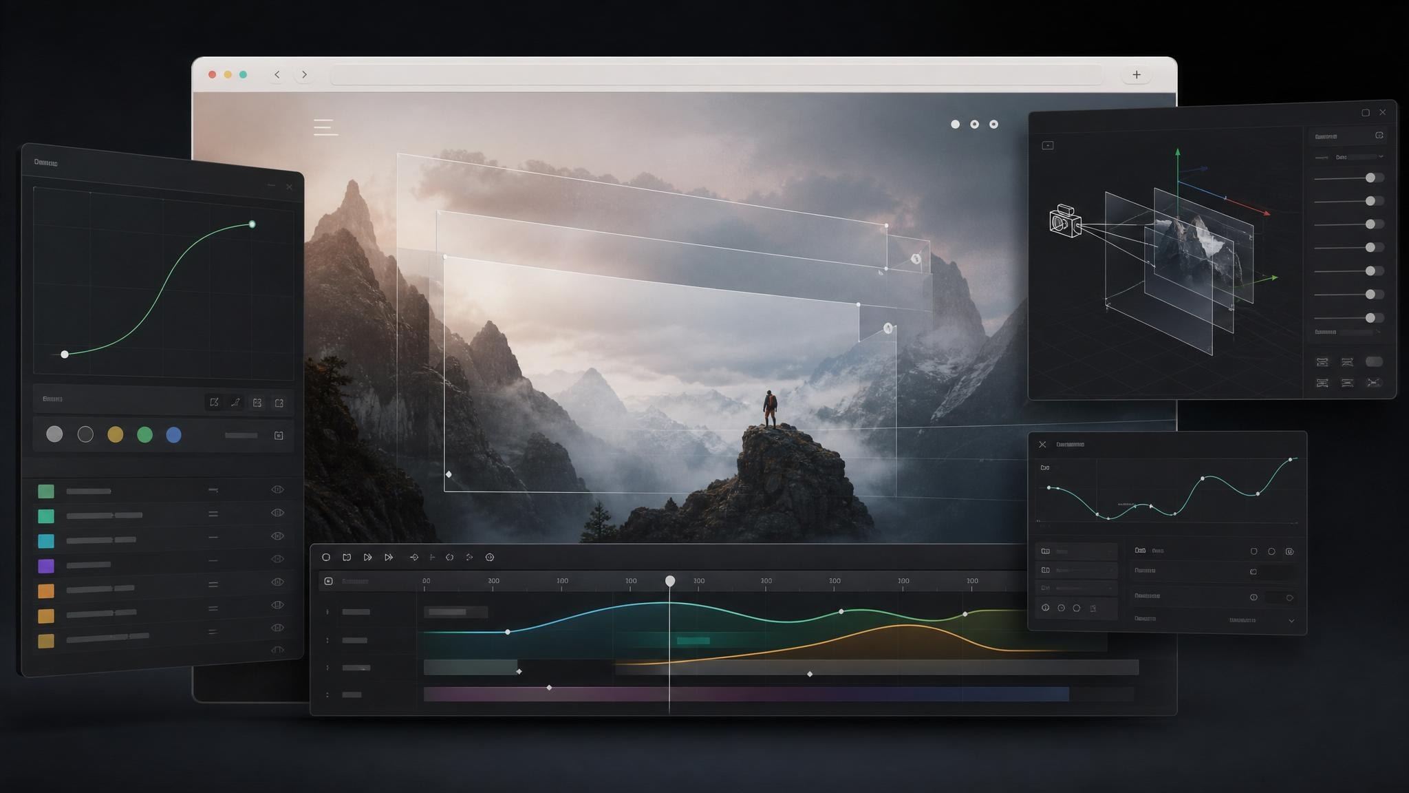 Cinematic website ingredients shown as smooth scroll paths, GSAP-style animation cues, and browser 3D depth