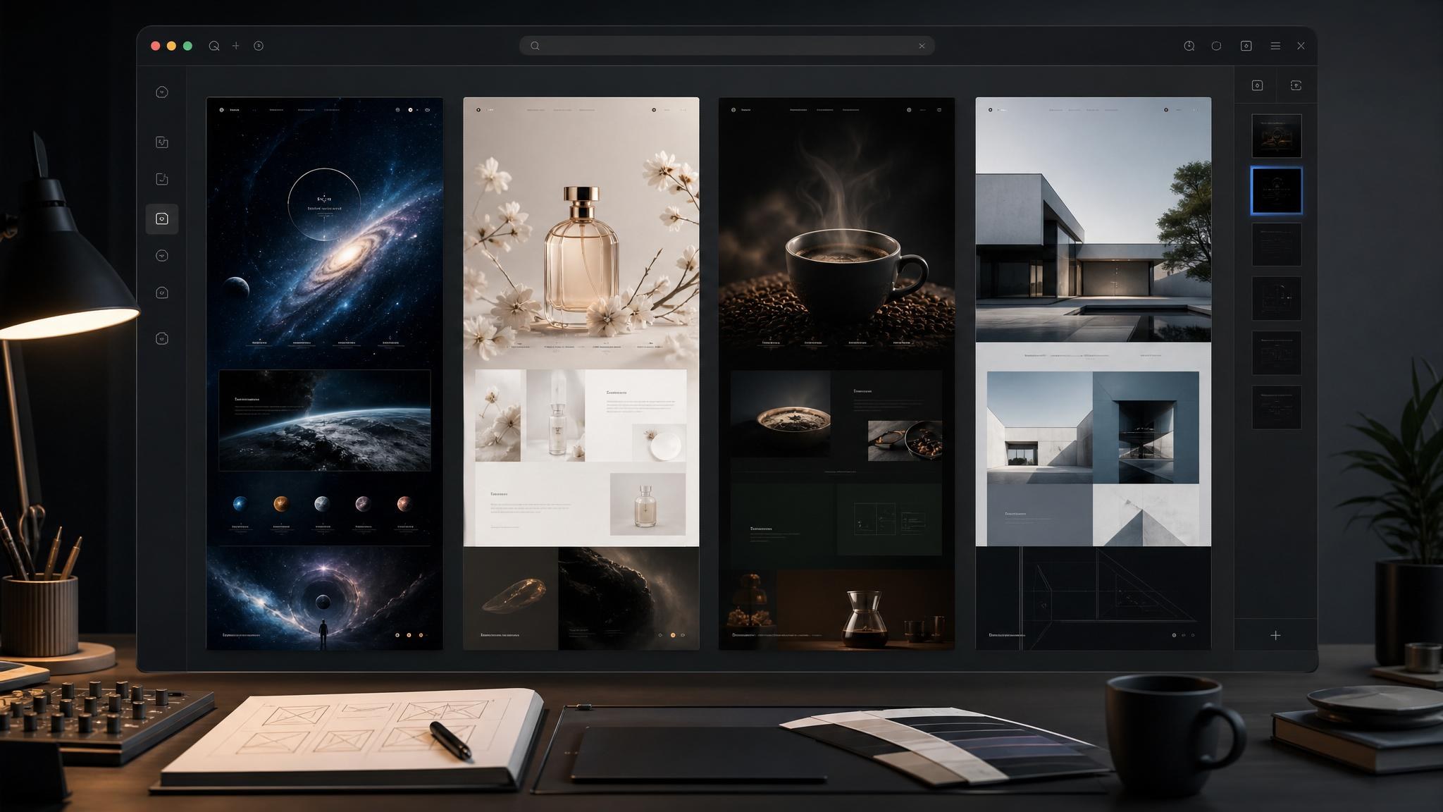 Four cinematic landing-page directions represented as cosmos, fragrance, coffee, and architecture concepts