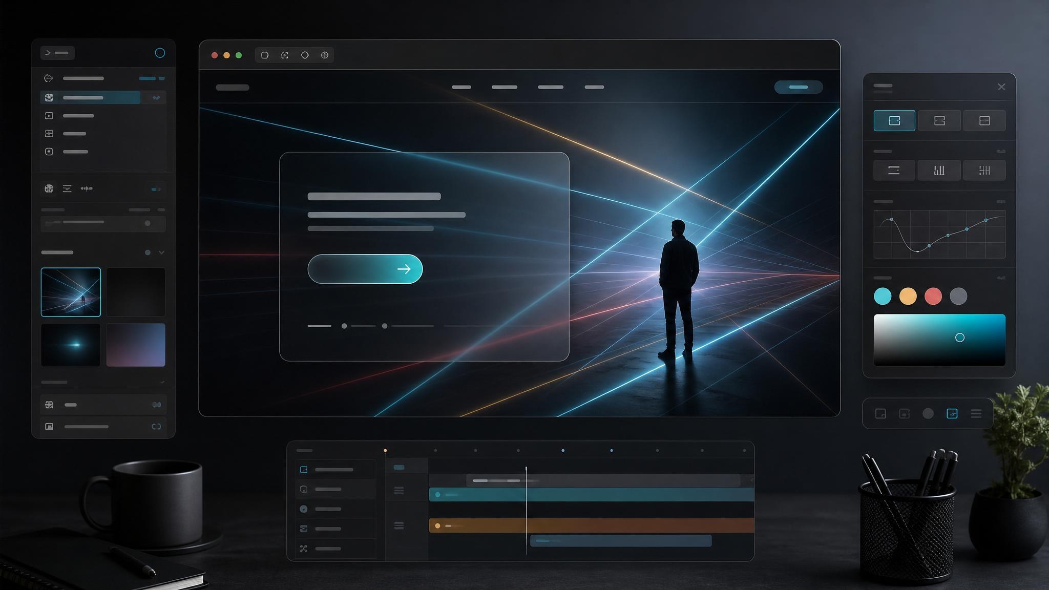 Interactive laser-style background behind a premium Aura hero with custom button treatment and layered depth