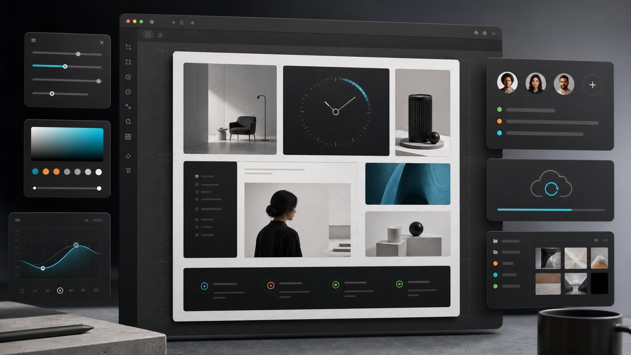 Premium section reconstruction with bento grid, work-together block, sync section, knowledge panel, and clock animation cues
