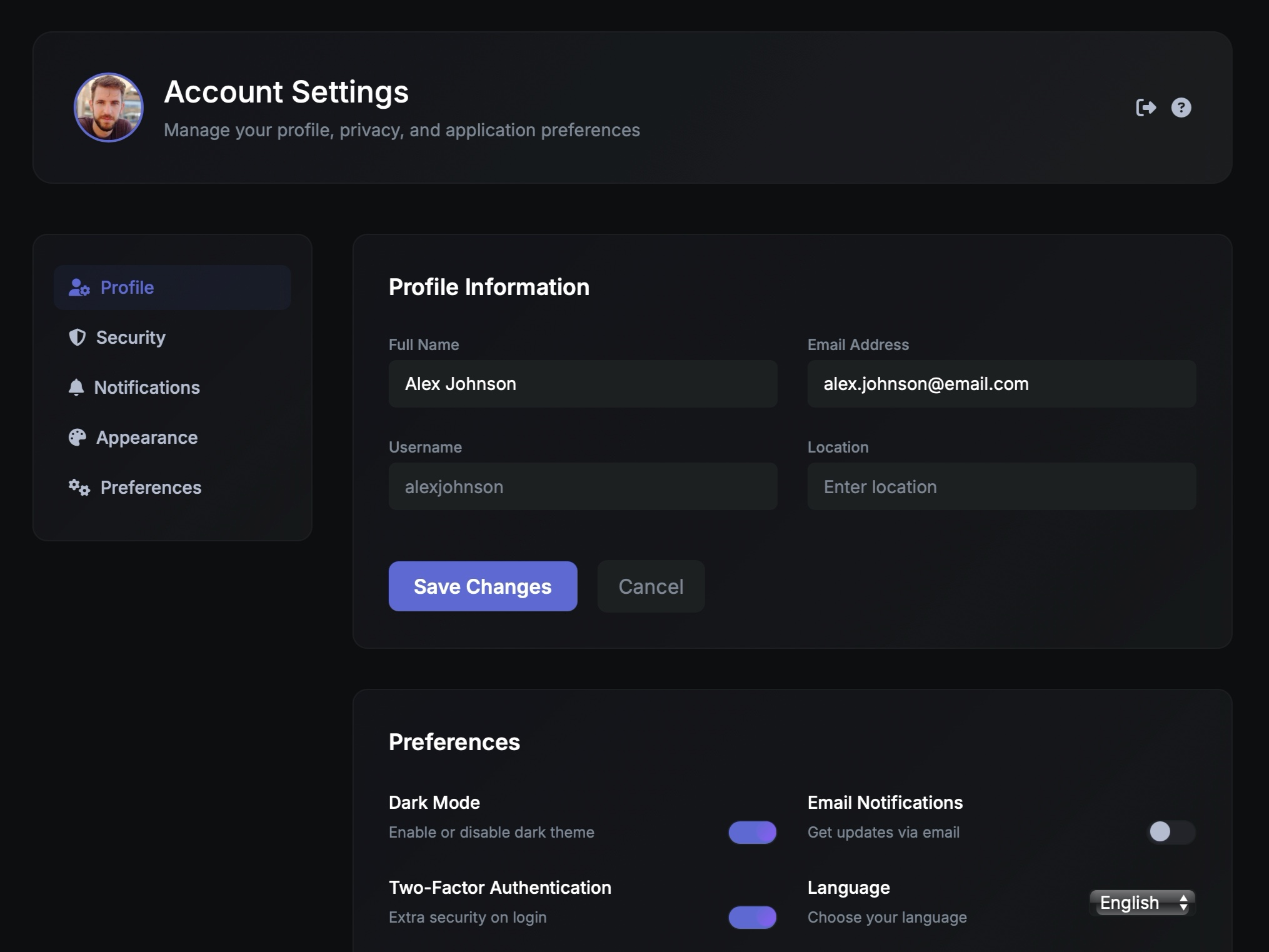Preview for User Account Settings Interface