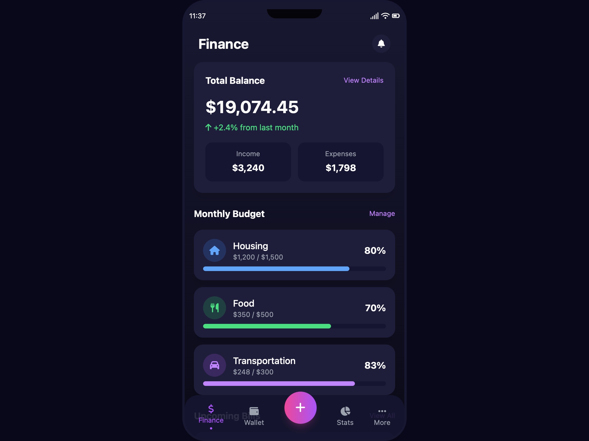 Preview for Finance Dashboard Mobile UI
