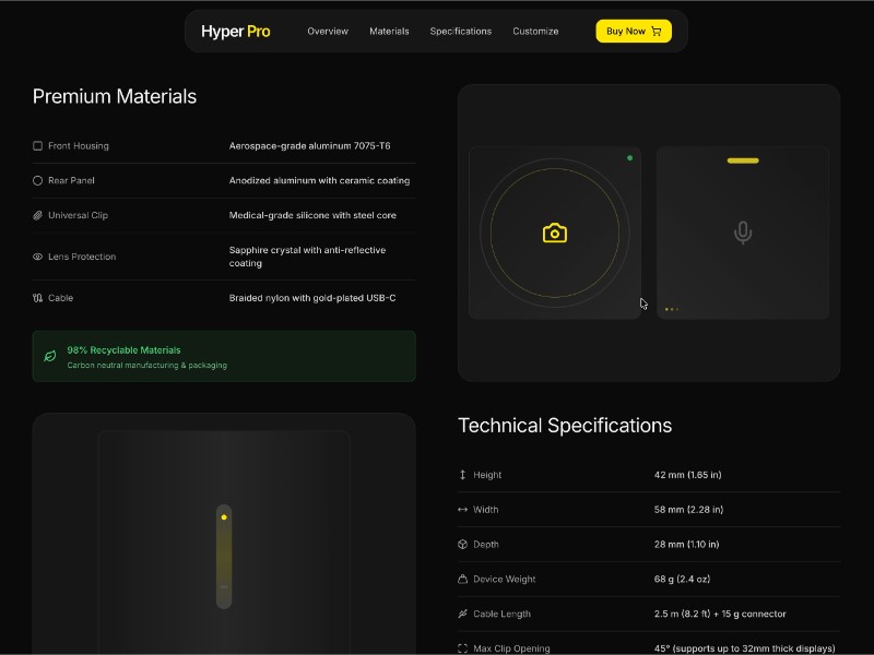 Preview for Webpage Displaying Product Materials