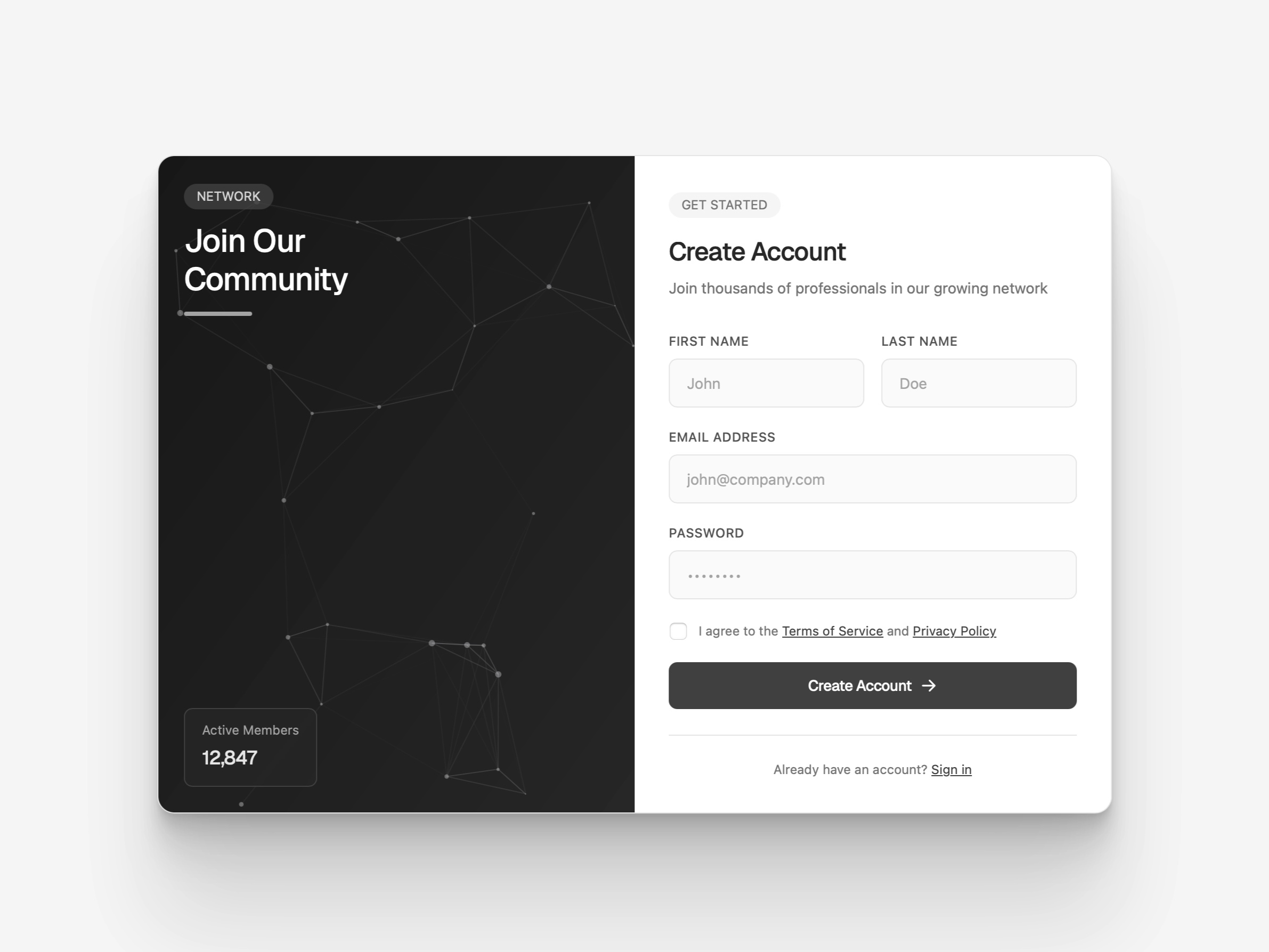 Preview for Community Network Sign Up Interface