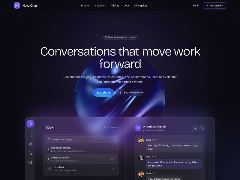 Preview for Nova Chat Team Messaging Landing Page Template