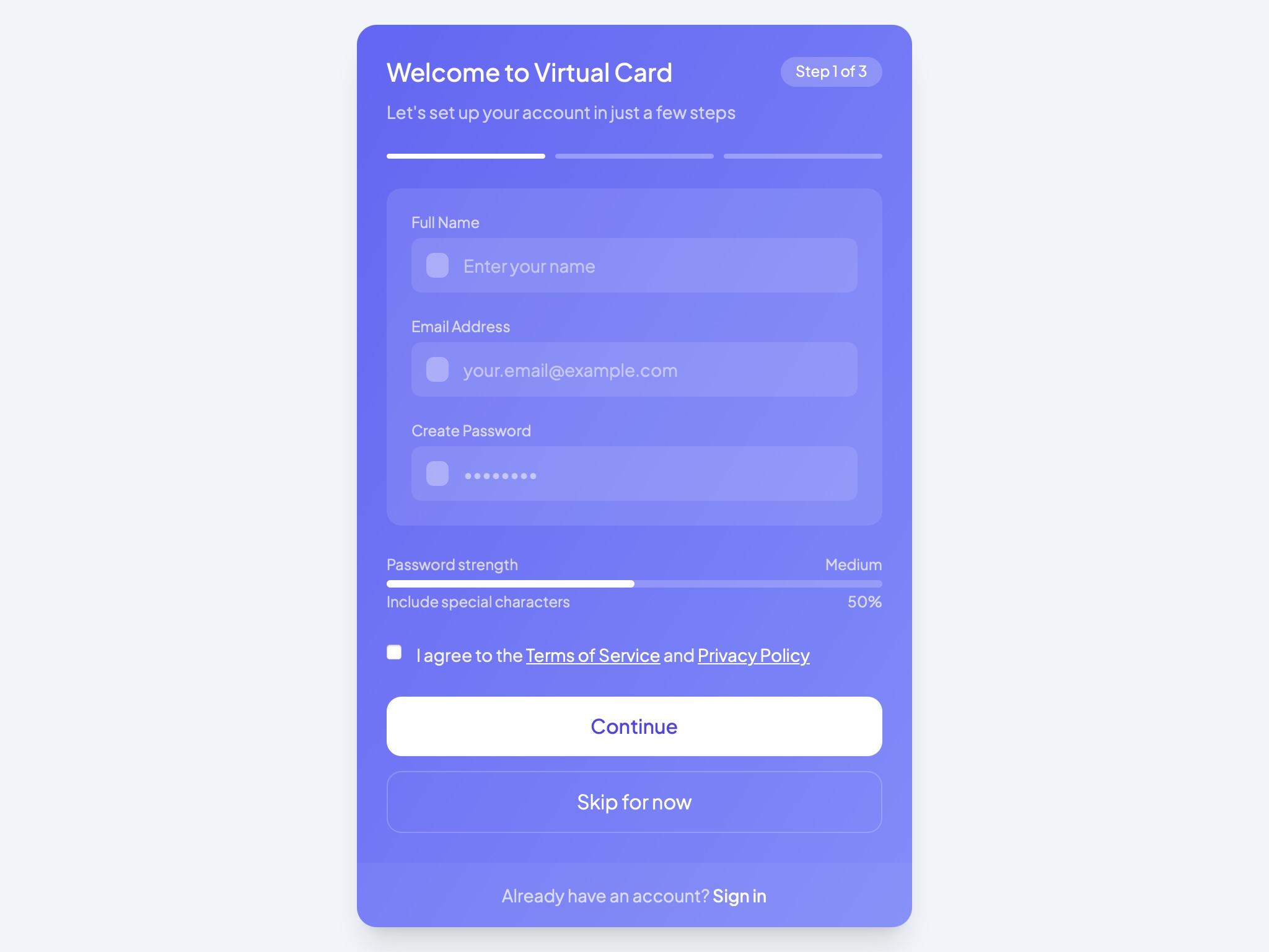 Preview for Virtual Card Account Setup UI