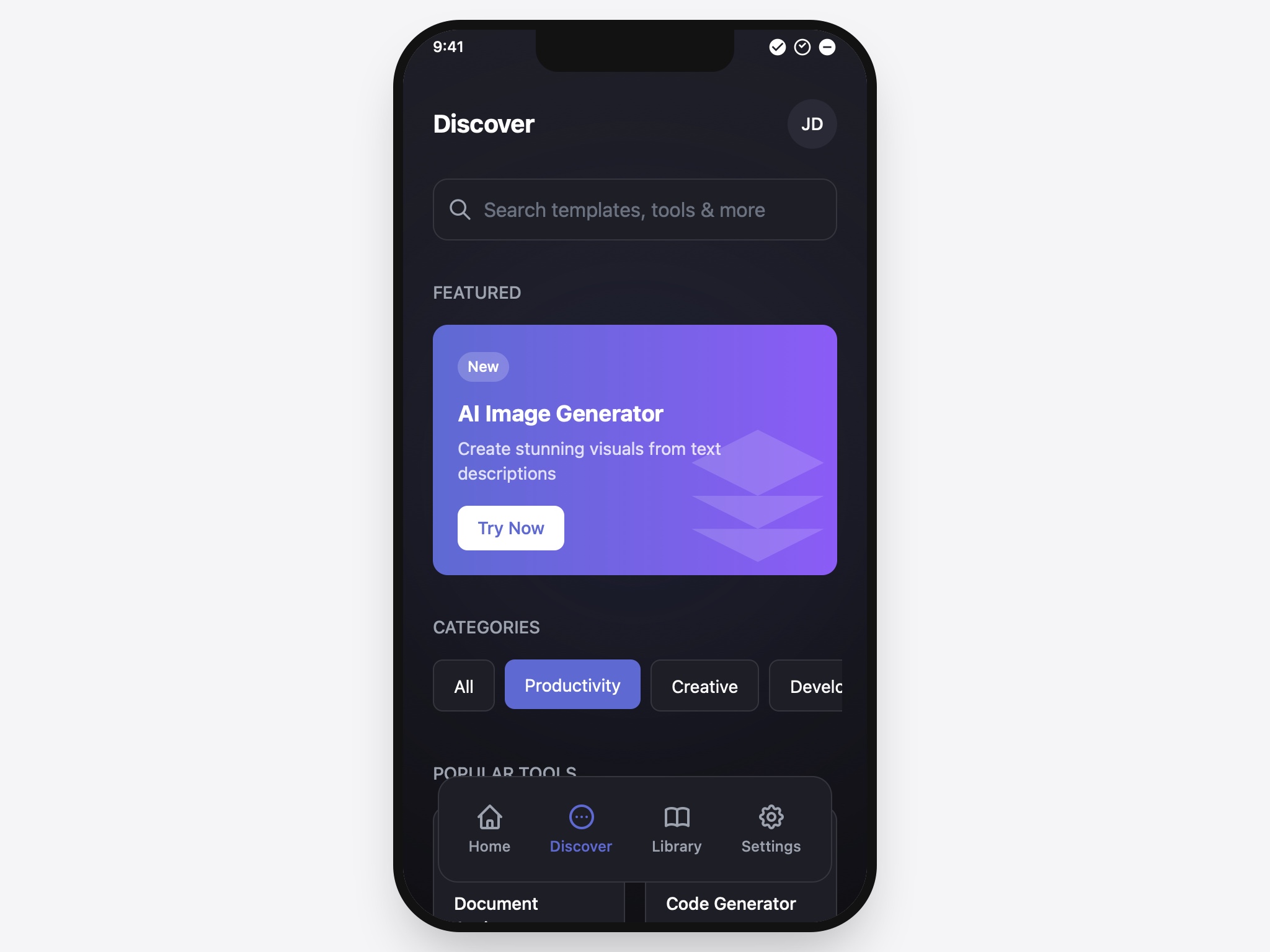 Preview for Mobile App Discover Interface