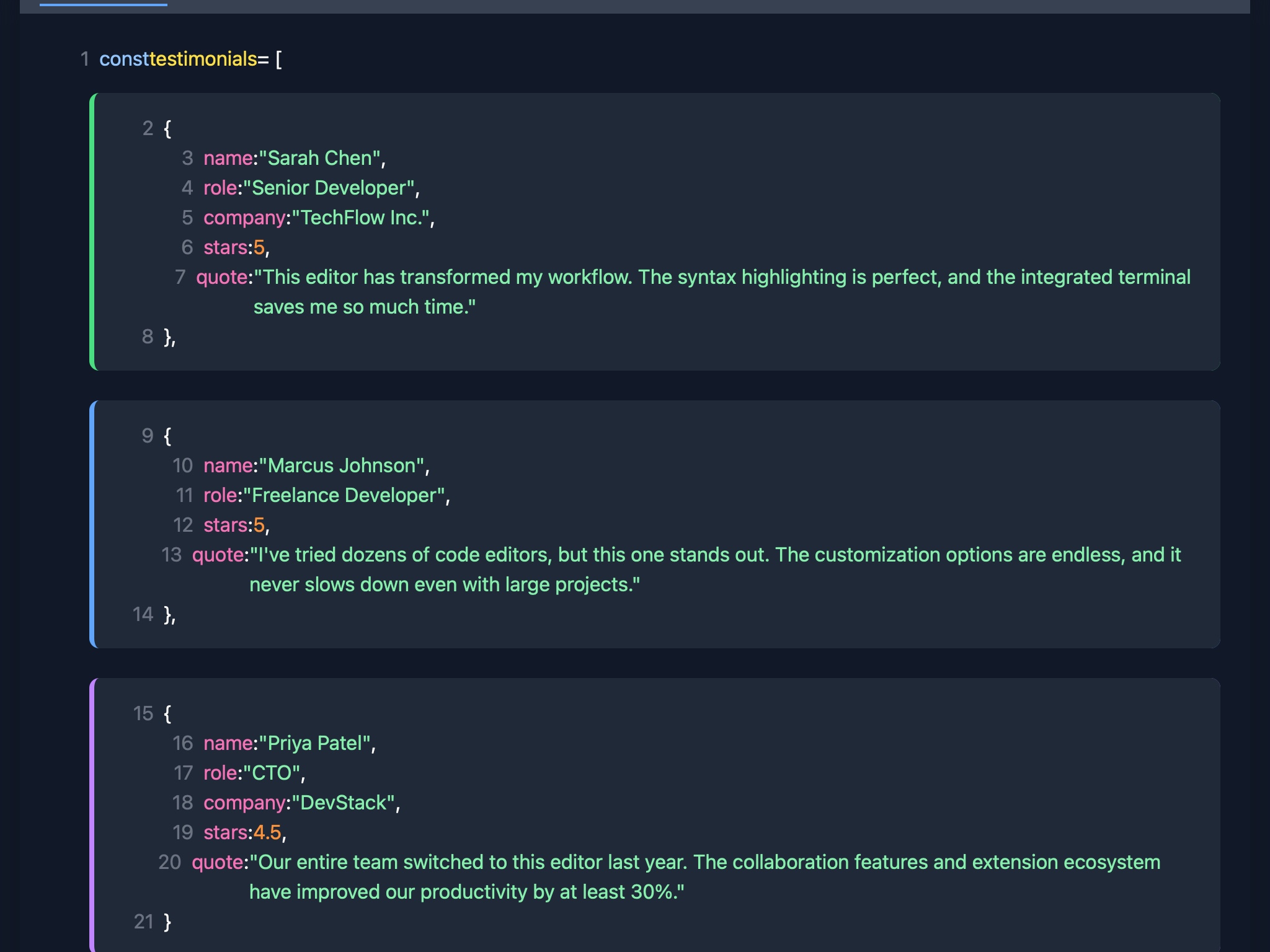 Preview for Code Editor Styled User Testimonials