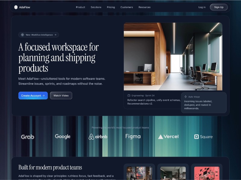 Preview for AdaFlow Product Management Landing Page Template