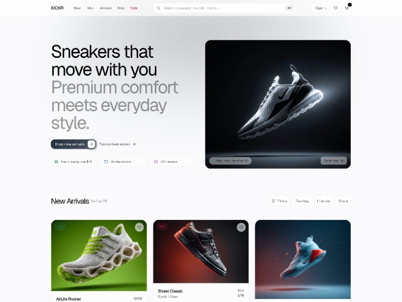 Preview for KICKR Sneakers E-commerce Landing Page Template