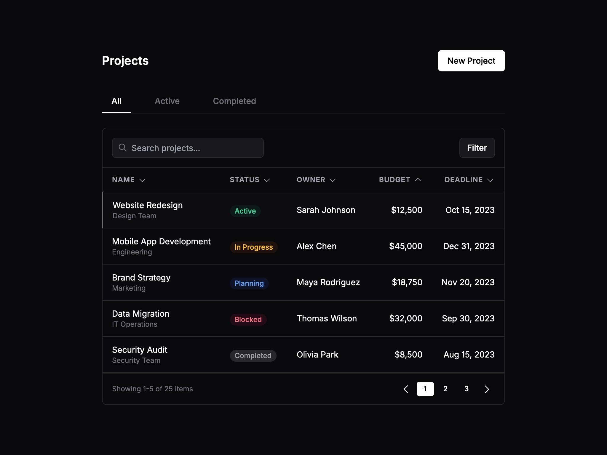 Preview for Project Management Table Interface