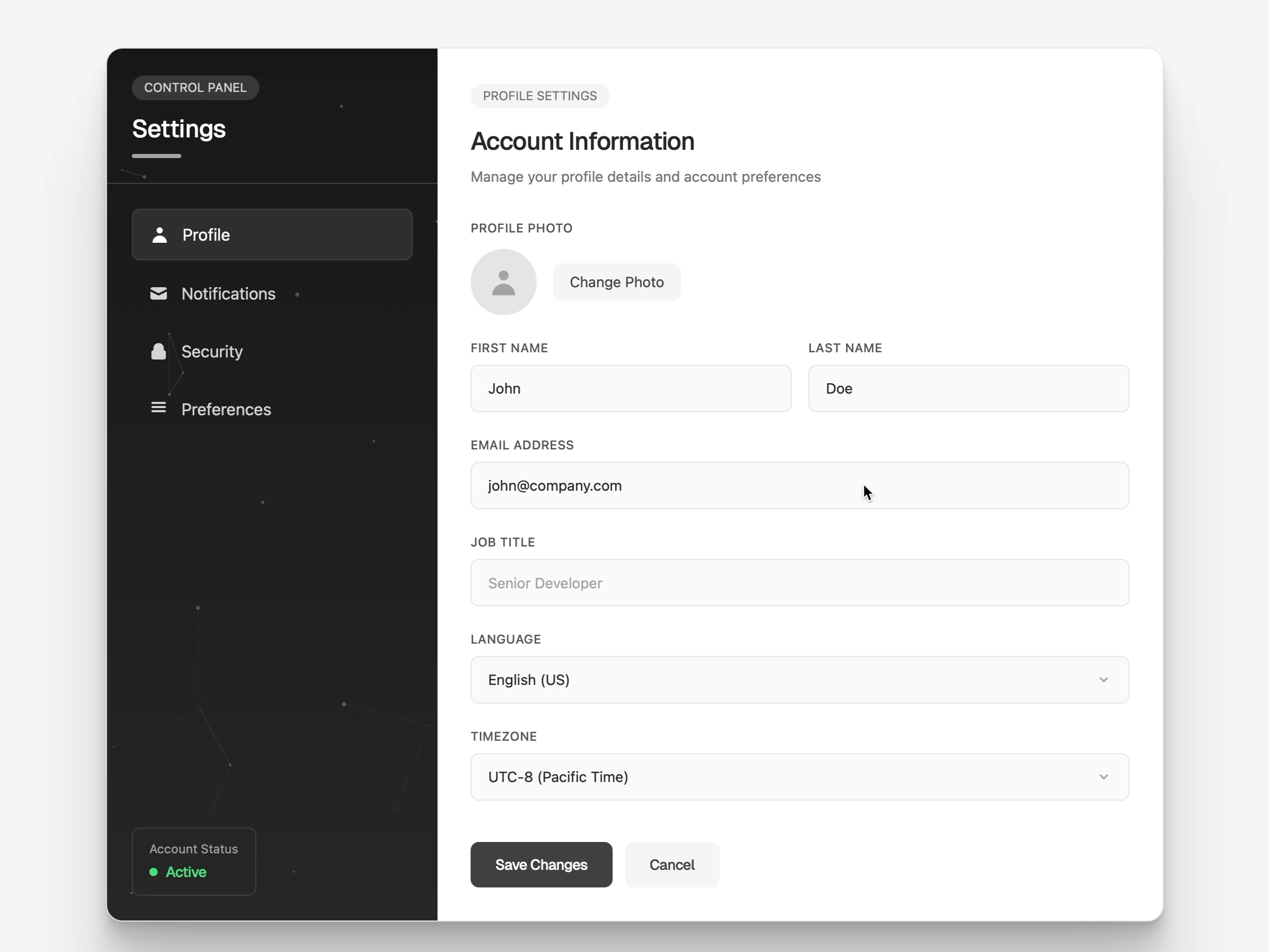 Preview for User Account Settings Panel