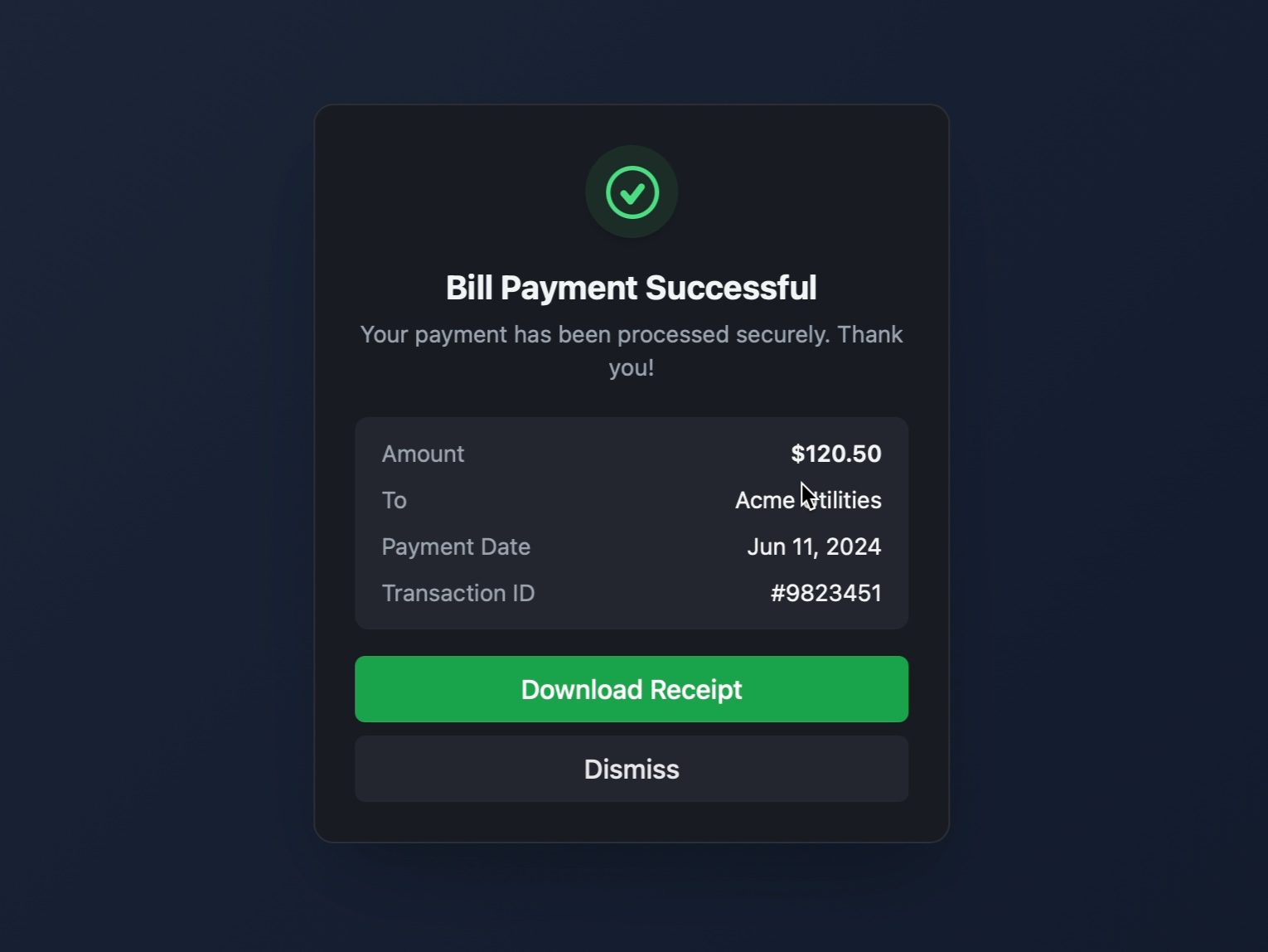 Preview for Bill Payment Confirmation Card