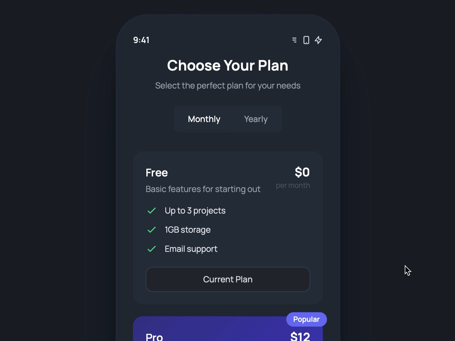 Preview for Pricing Plan Selection Interface