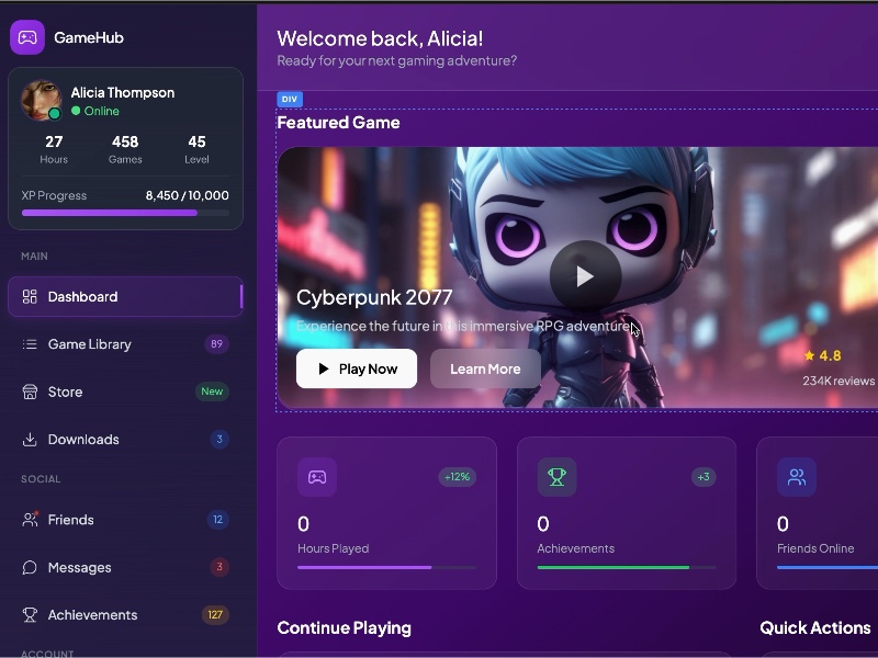 Preview for Interactive Game Dashboard UI