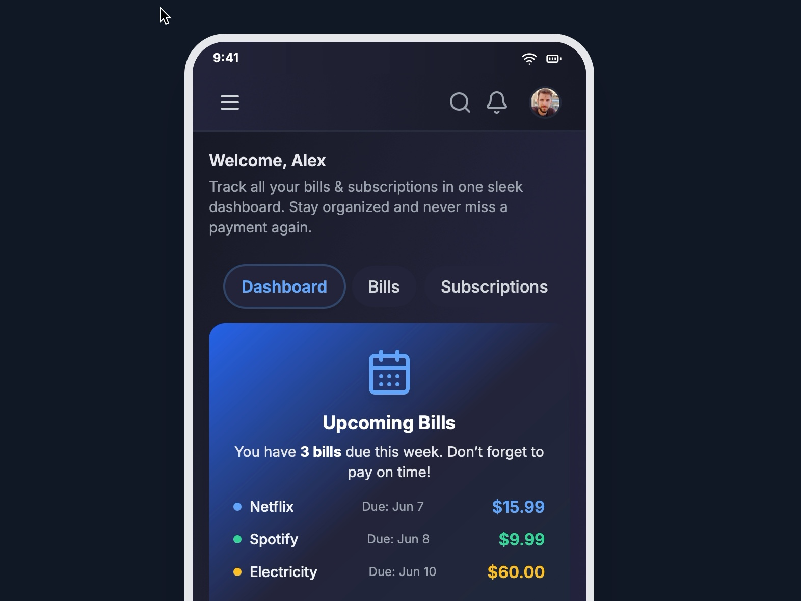 Preview for Subscription and Bill Tracking Dashboard