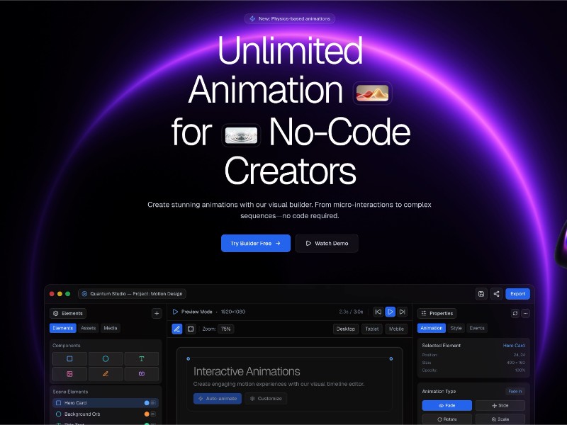 Preview for Quantum Animation Builder Landing Page Template