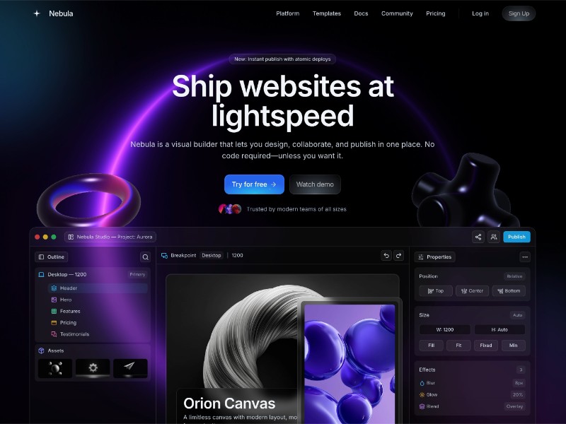 Preview for Nebula Visual Site Builder Landing Page Template